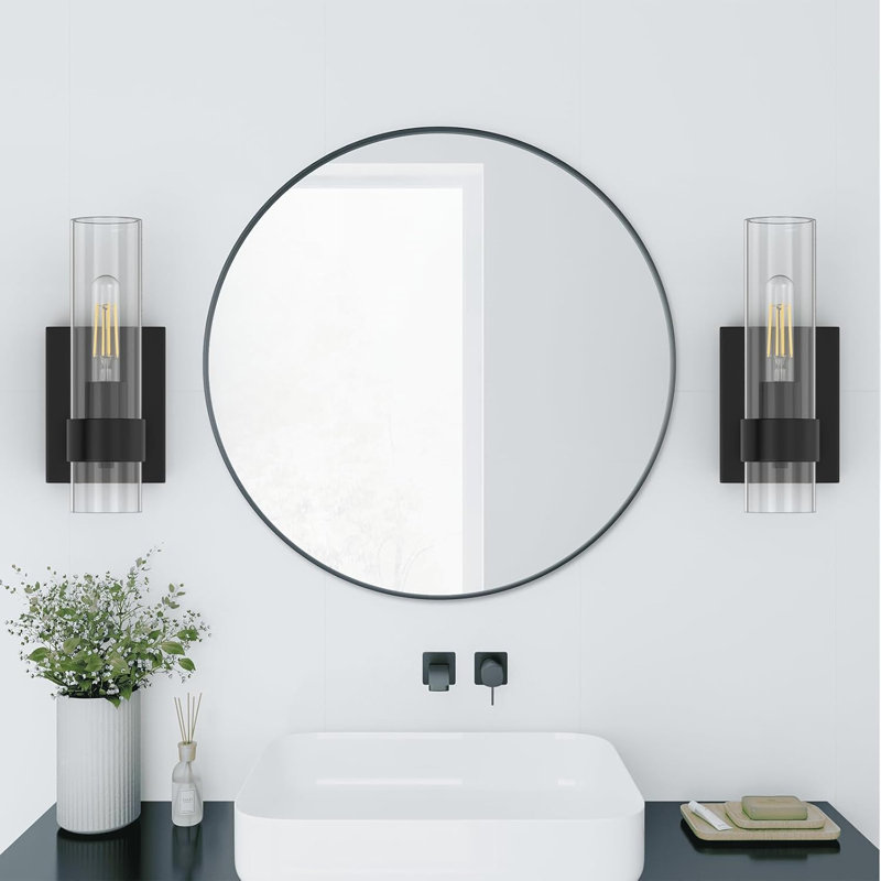 Ensemble de 2 lampes murales modernes pour salle de bain noir mat, abat-jour en verre transparent, base E26 pour salle de bain