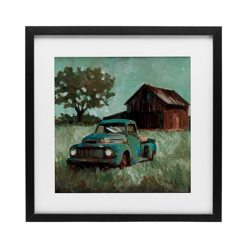 Vintage Pickup in Green Hues Framed Print Under Glass, design by Wani Pasion, Midnight Black Frame, 16" H x 16" W