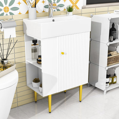 Ensemble de meuble-lavabo de salle de bain avec lavabo en céramique, rangement à gauche et pieds dorés