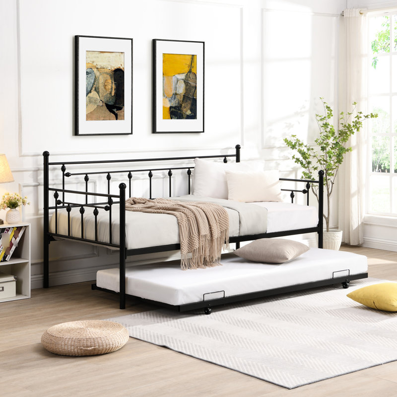 Lit de jour avec couchette en noir - Conception moderne pour une utilisation optimale de l'espace, structure en métal durable, endroit de repos calme et paisible, trousse d'assemblage facile, aucun sommier requis, peut contenir 250/350 lb, construction