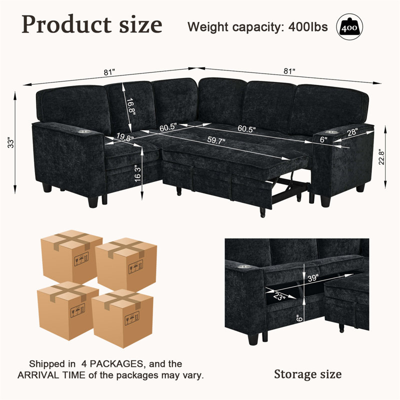 L-Shaped Sofa With Pull Out Sofa Bed, Charcoal Gray Chenille