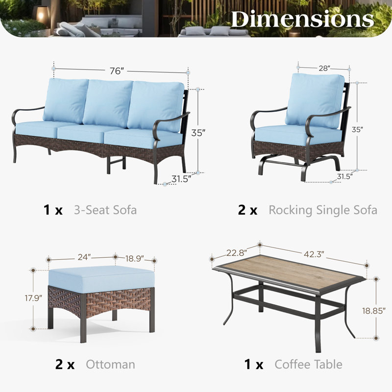 Ensemble de conversation à bascule d'extérieur, 4 pièces: table, 2 chaises, canapé, Bleu
