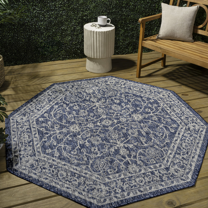 Haupt Vine and Border Textured Weave Navy/Gray Indoor/Outdoor Rug, Octagon 5'3"