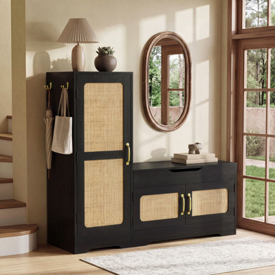 Armoire à chaussures de ferme de 45 po avec banc, banc de rangement à 6 niveaux, armoire à chaussures haute en forme de L avec tablettes réglables, armoire de rangement à chaussures à siège relevable dissimulé pour le vestibule, couleur noire
