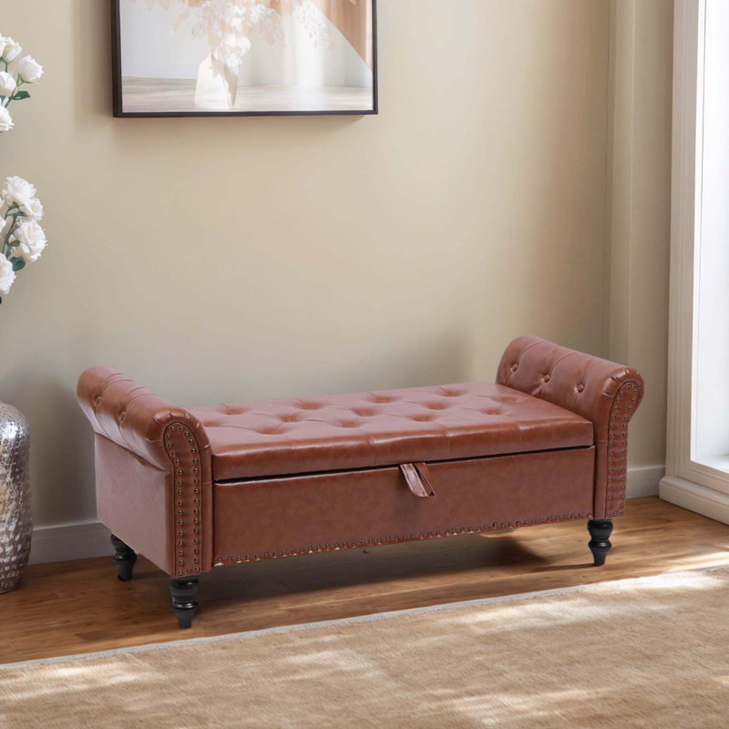 Upholstered Storage Bench, Brown, Faux Leather