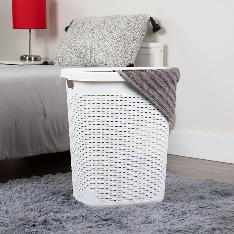  Panier à linge mince 50 L, panier à linge, couvercle, plastique, Blanc, 24" H x 14.25" W x 10.1" D