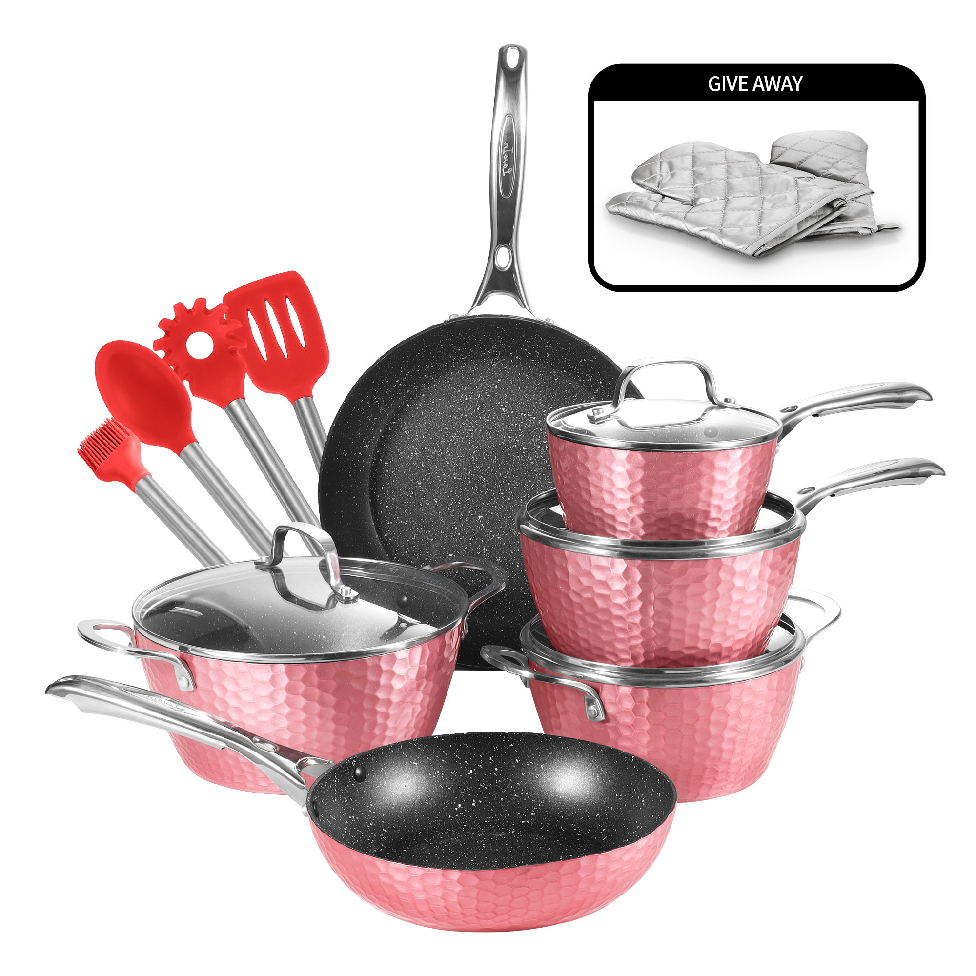 Stylish Hammered Finish Nonstick 15 Pieces Cookware Gift Set