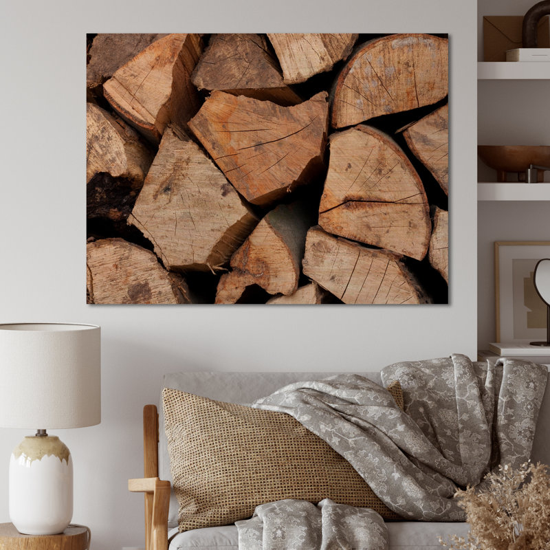 Pile de bois de chauffage - Impression traditionnelle sur bois brun, Impression noire sur toile encadrée