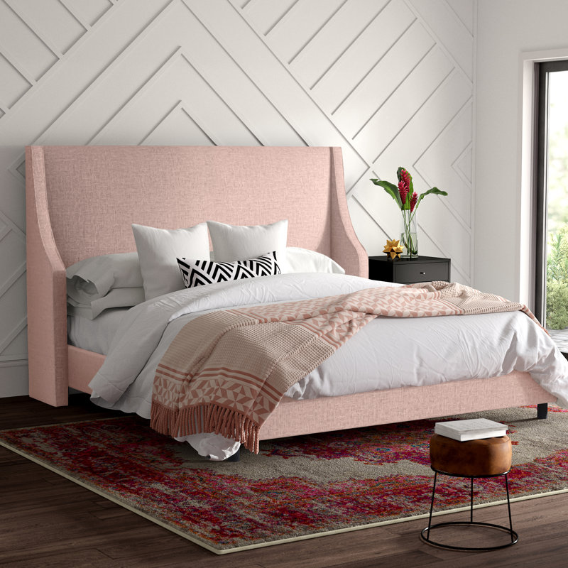 Lit tapissier standard à profil bas Bernadine, Simple, Lin quartz rose texturé Zuma