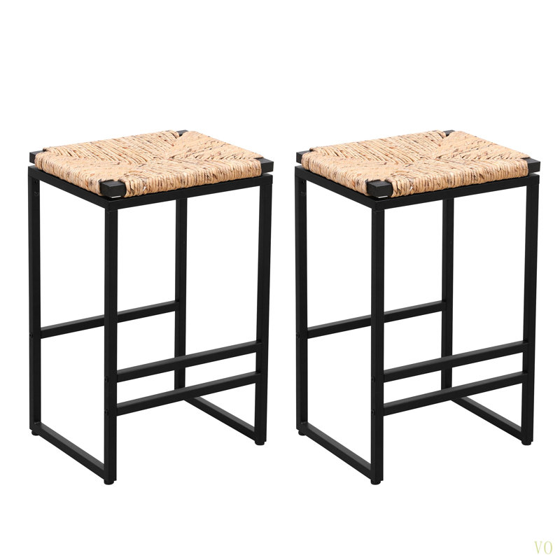 Set Of 2 Water Hyacinth Woven Bar Stools For Kitchen Counter Water Hyacinth Grass Backless Barstools With Footrest (Water Hyacinth Backless)