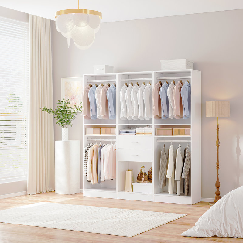 3-piece Set: 74.4"w Wardrobe Storage System With 2 Wooden Drawers And Hanging Rod, Black