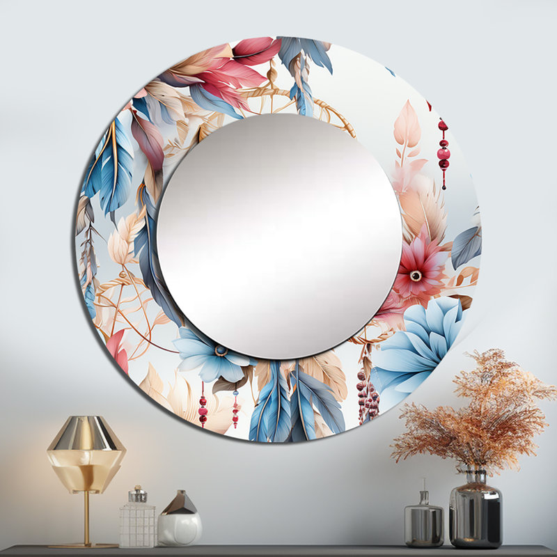 Motif bohème rose et bleu Dreamcatchers - miroir rond floral_MTMIR123764, 23 po x 23 po