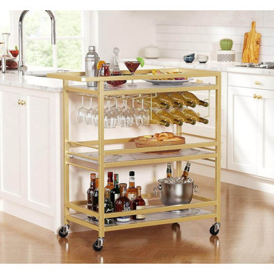 Bar Cart, 3 Tier Gold Serving Rolling Carts With Wheels