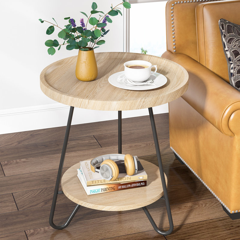 Table de bout en bois, table d'appoint ronde à 2 niveaux avec structure en métal noir, table d'appoint industrielle moderne