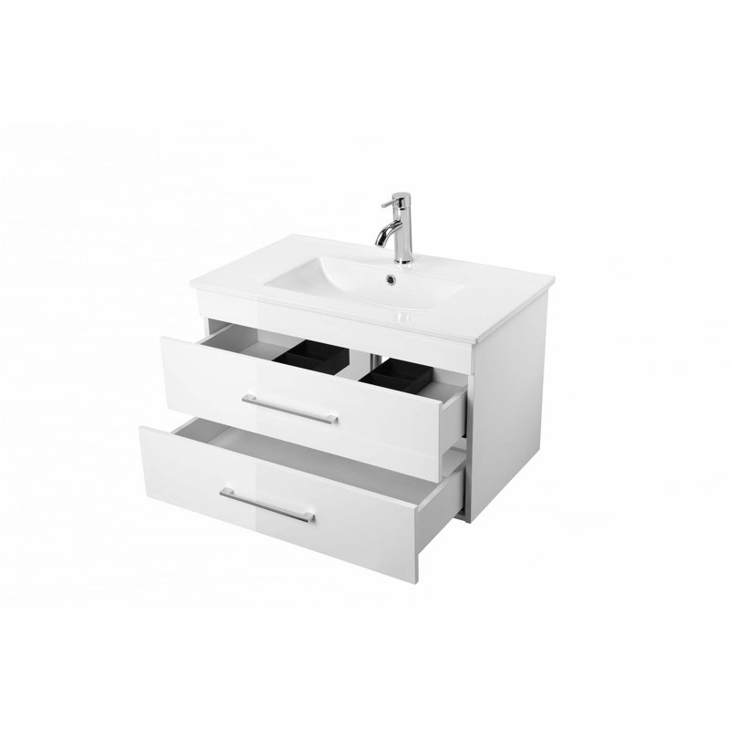 Meuble-lavabo mural blanc brillant avec tiroirs doubles, système de fermeture en douceur, lavabo en céramique, 32"