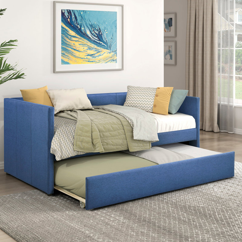 Upholstery Wooden Frame Daybed with Trundle, Blue