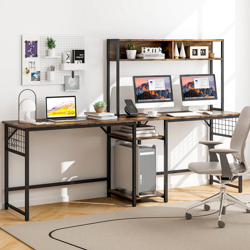 Magdali L-Shaped Metal Base Computer Desk, Brown