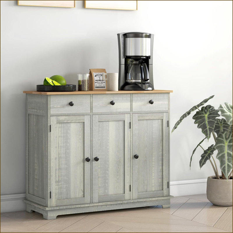 Buffet moderne gris clair vieilli avec 3 tiroirs et 2 portes Tablette réglable | Structure en bois d'ingénierie | Plateau en bois d'hévéa massif