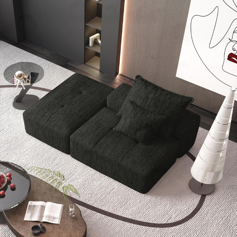 Chenille Sectional Sofa with 2 Pillows, Black Chenille