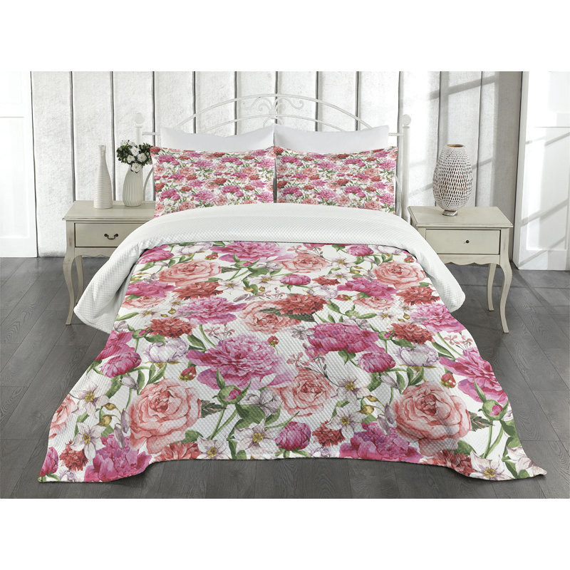 Ambesonne Floral Bedspread Peonies and Roses, King Bedspread + 2 Standard Shams