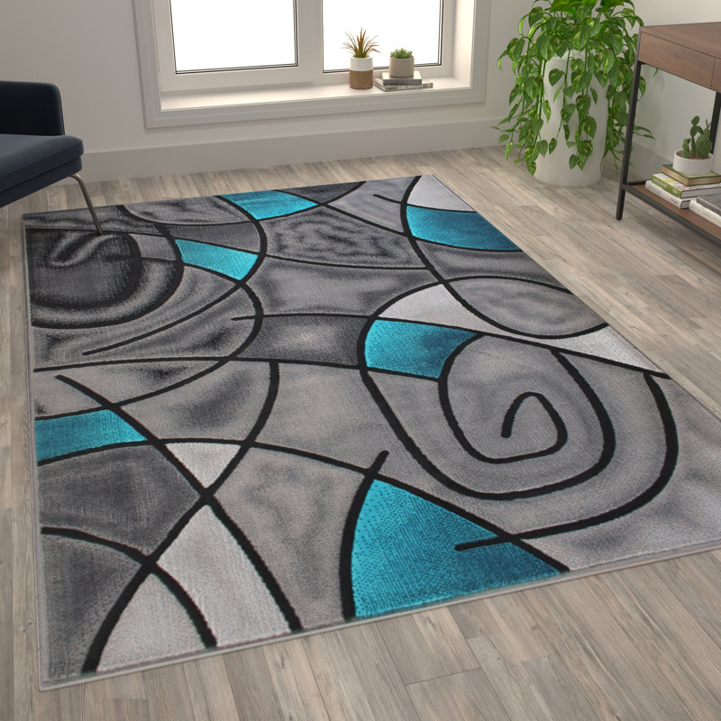 Tapis à motif abstrait turquoise et gris Sioar, Rectangle 6 pi x 9 pi