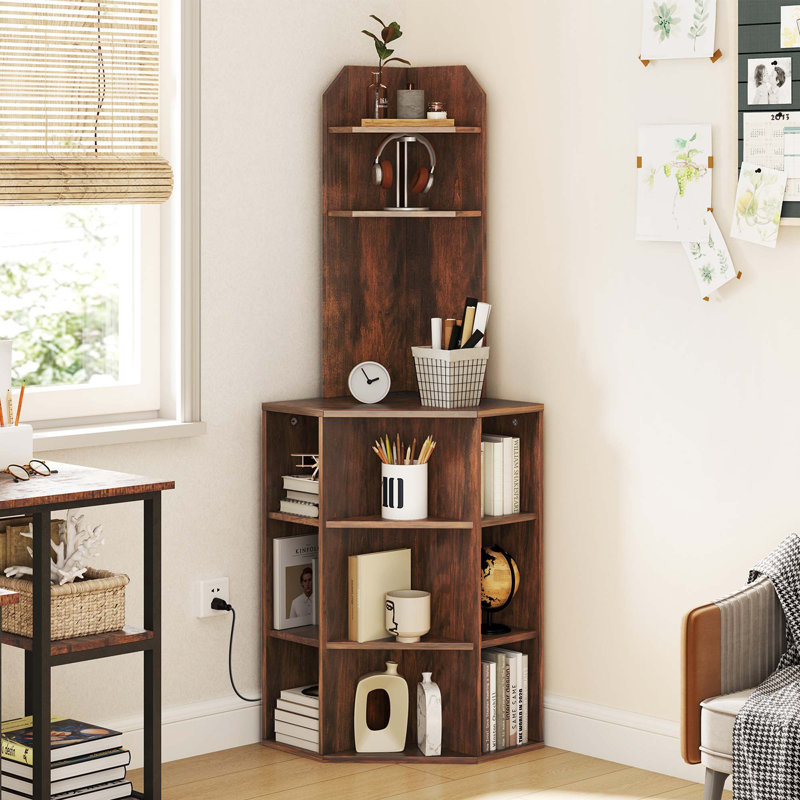 6-tier Corner Shelf 63" Tall Corner Bookshelf With 2 Usb Ports & Charging Station, Brown