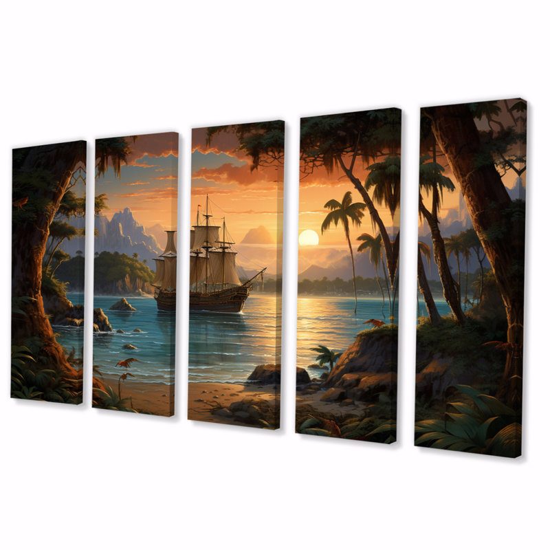 Bateau pirate, îles perdues - décoration murale transport - 5 panneaux égaux