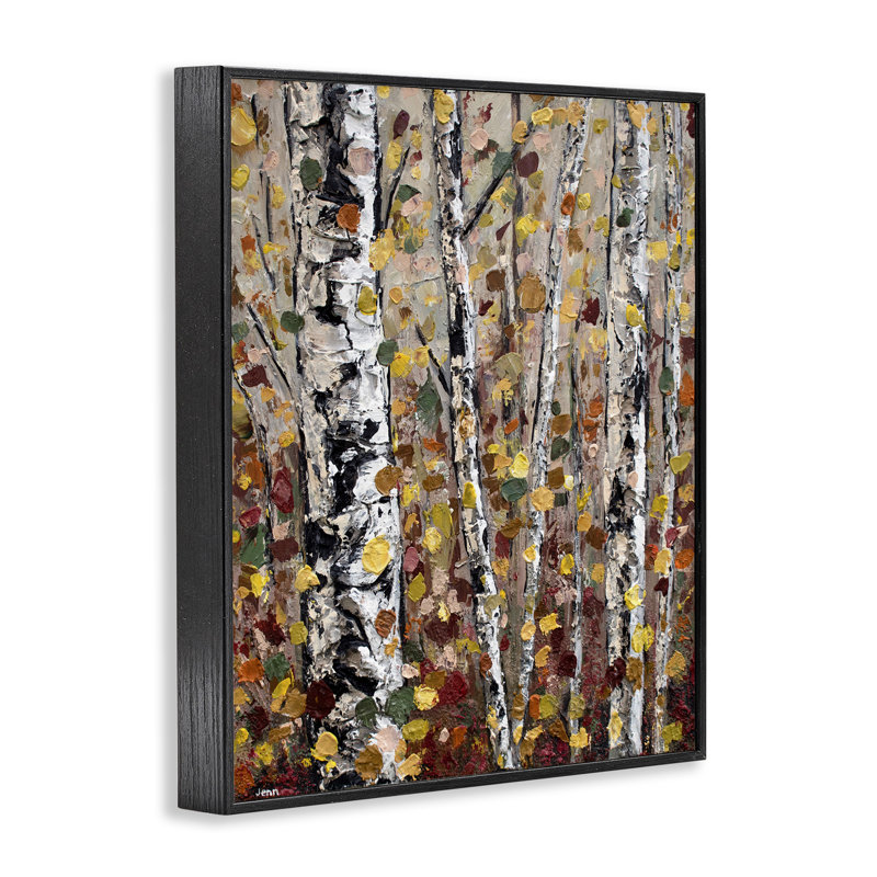 «Autumn Birch Trees», feuilles abstraites encadrées sur bois par Jen Seeley, peinture, H 30 po x l 24 po x P 1,5 po