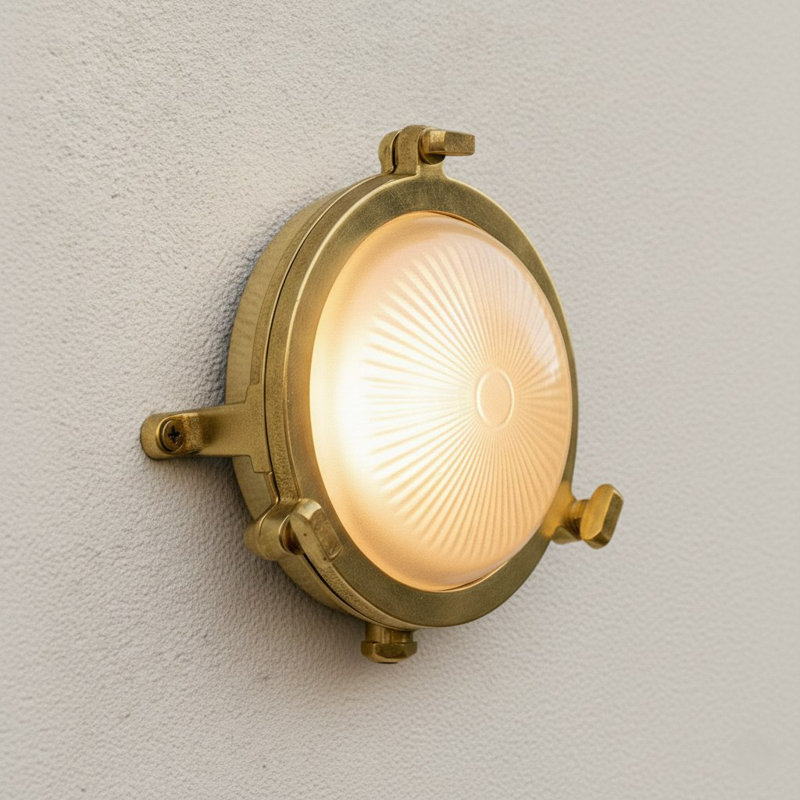 Brass 14cm H Frosted Glass Outdoor Bulkhead Light