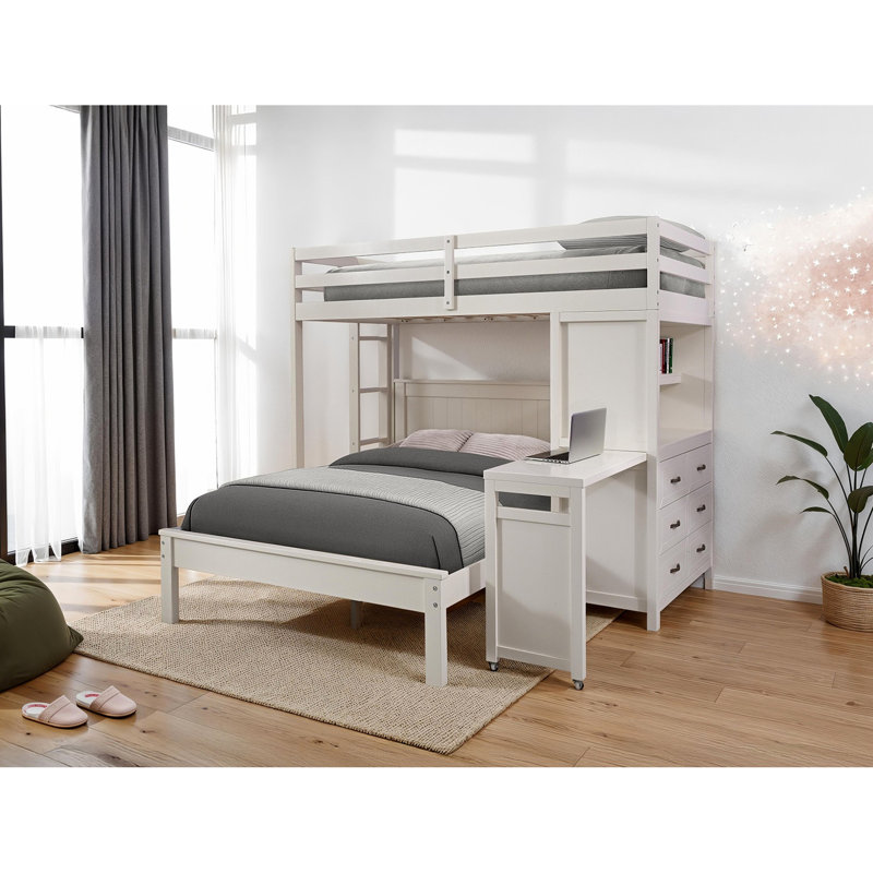 Lit simple contemporain avec bureau intégré, 3 tiroirs, tablettes attachées et ouvertes blanches pour tablette latérale de chambre à coucher