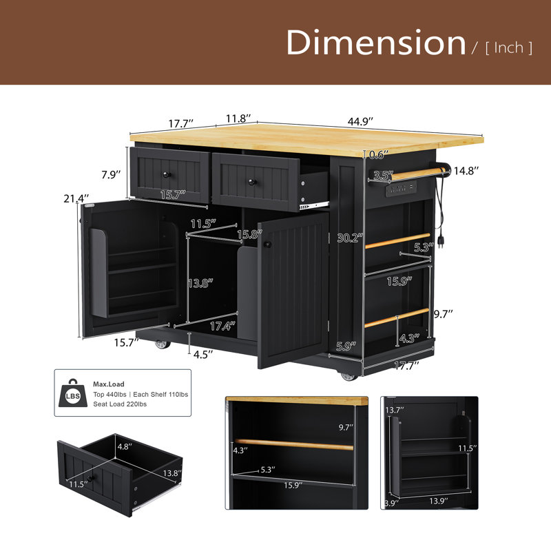 48 Inch Large Kitchen Island With Drop Leaf,Power Outlet,Internal Storage Rack,Rolling Kitchen Storage Cart On 5 Wheels With 5 Open Side Racks For Kitchen