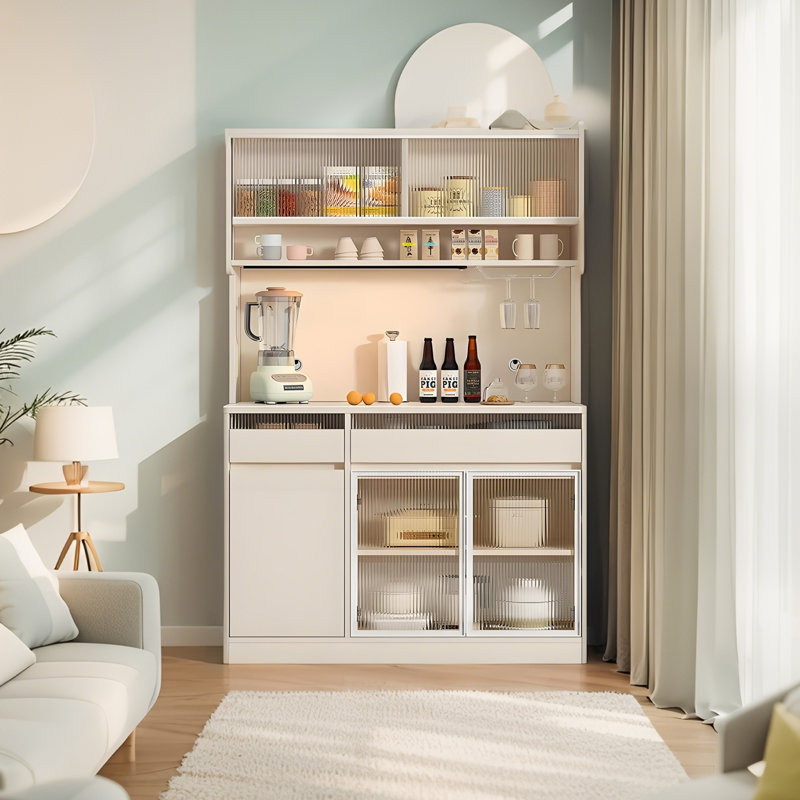 47.24" Cream Tall Sideboard, Stone Top Cabinet with Lights & Glass Doors, Multi-purpose Tea & Wine Storage Cabinet for Kitchen