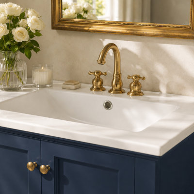 Meuble-lavabo de 24 po avec lavabo en céramique Mavessa, meuble-lavabo moderne avec portes à fermeture en douceur, tablette réglable, dossier ouvert, détails sculptés et pieds en forme de boule