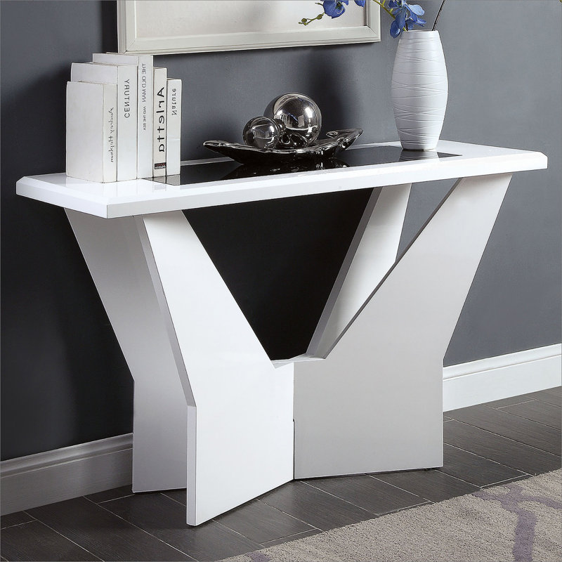 Table de canapé contemporaine à finition blanche avec plateau ultrabrillant et insert en verre trempé, base géométrique