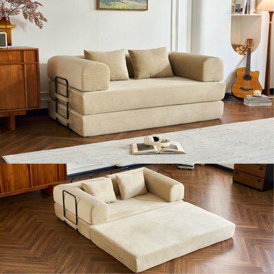 Canapé-lit convertible 59 avec oreiller cylindrique, matelas pliant en velours côtelé avec cadre fixe, canapé de sol pour salon ou chambre.