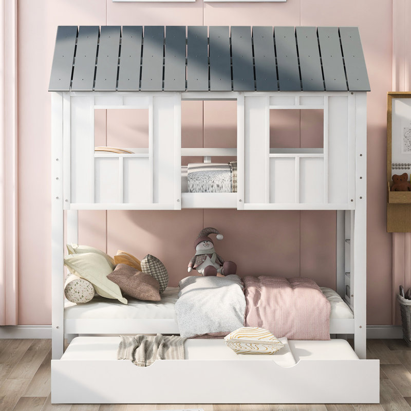 Lit simple superposé avec lit gigogne, fenêtres et toit, blanc et gris, conception de chambre à coucher confortable et durable