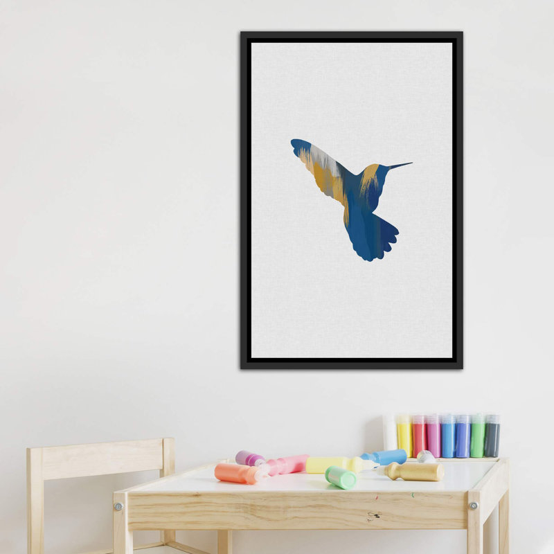 Colibri bleu et jaune II - impression d'art graphique, H 40 po x l 26 po x P 1,5 po, Toile avec cadre noir patiné
