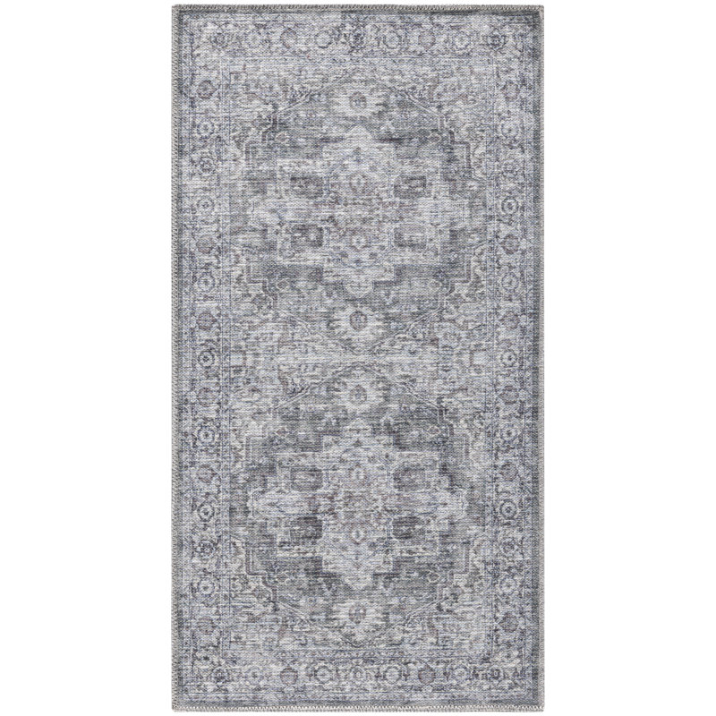 Tapis oriental gris / ivoire en polyester / coton lavable à la machine, Rectangle 2 pi x 3 pi 9 po