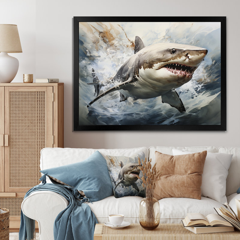 Requin gris chasseur silencieux I, 30" H x 40" W, Black Picture Framed