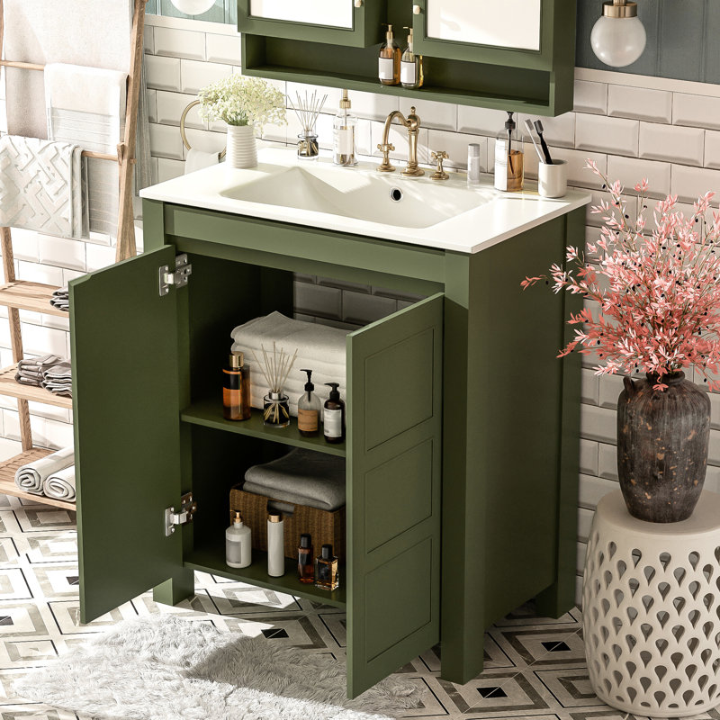 Meuble-lavabo de 30 po de couleur olive avec lavabo en céramique, portes à fermeture en douceur et conception spacieuse de 30 po avec rangement