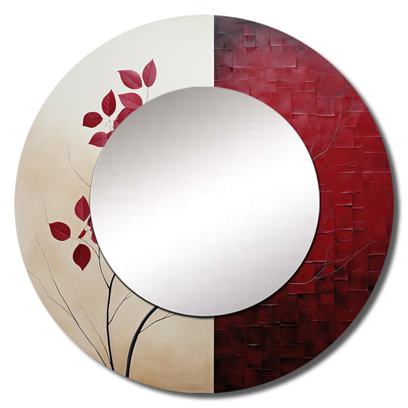 Saffanah Bordeaux Bold Leaf I - miroir à feuilles, miroir mural rond rouge, impression sur métal, 36 po x 36 po