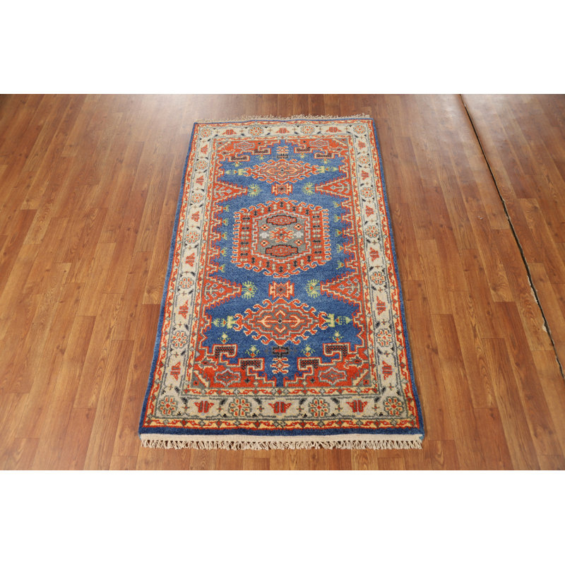 Tapis oriental bleu à motif géométrique 3 x 5