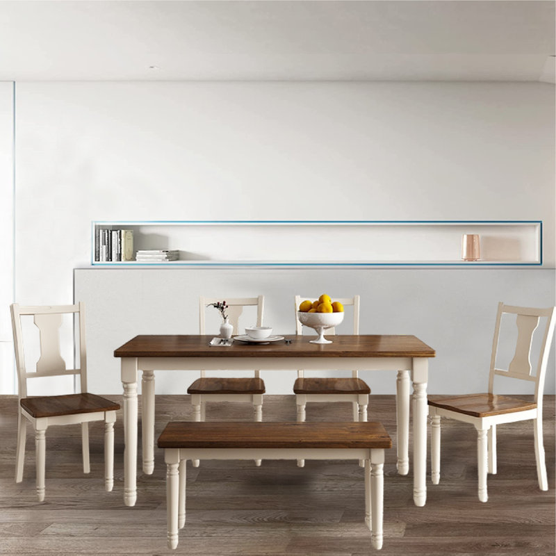 6 - Person Four Leg Dining Set, Brown, Cottage White, Brown/Cottage White