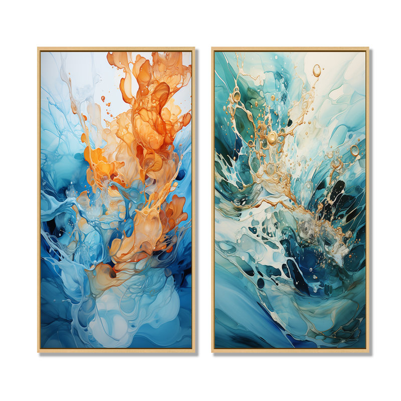 «Aqua Dream Rush Flow II», ensemble de 2 reproductions d'art sur toile, H 28 po x l 25 po, Encadrement brun