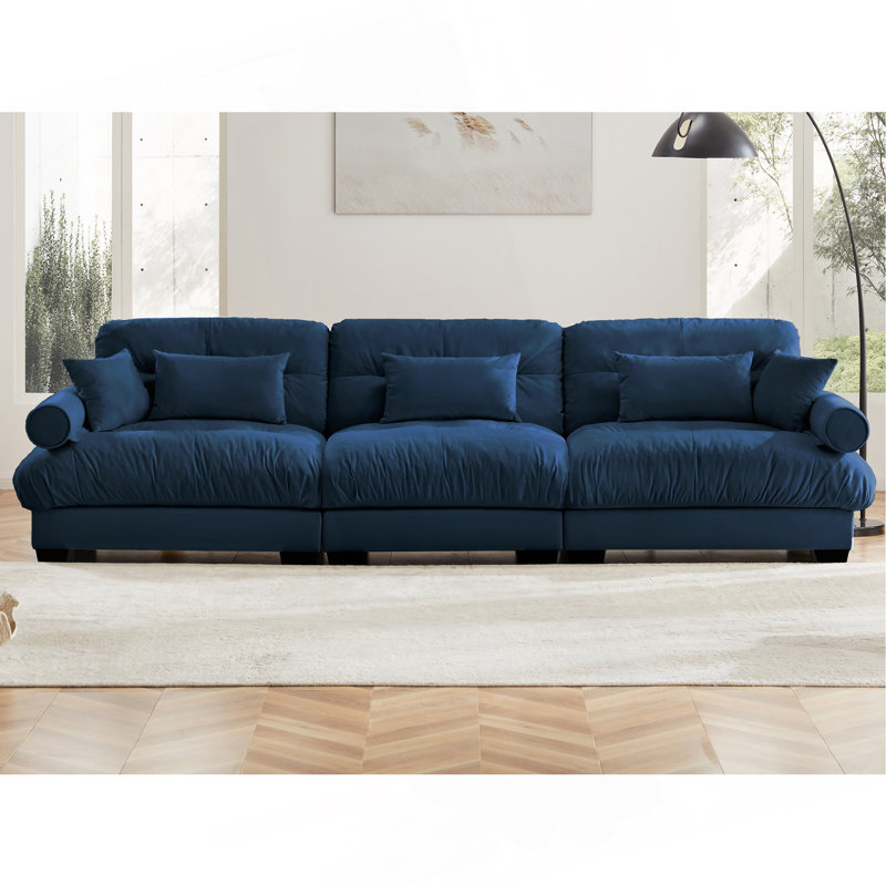 Très grand canapé en velours moderne à 3 places, canapé surdimensionné, siège et dossier confortables, avec coussins de taille et coussins décoratifs, bleu