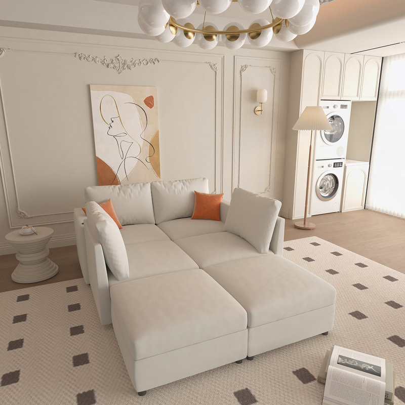 Grand canapé modulaire moderne, canapé modulaire en U avec fonction de rangement, Tissu blanc antique