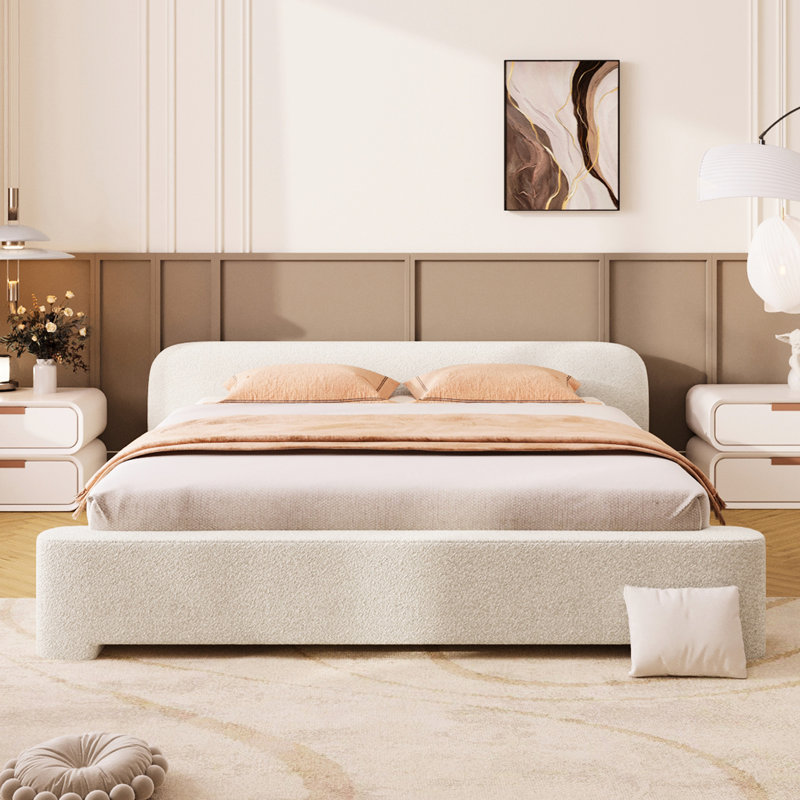 Grand lit rembourré White Boucle, bois de haute qualité, structure stable de taille de matelas de 8 pouces, 3 pieds de soutien centraux, pièce maîtresse idéale pour la chambre à coucher