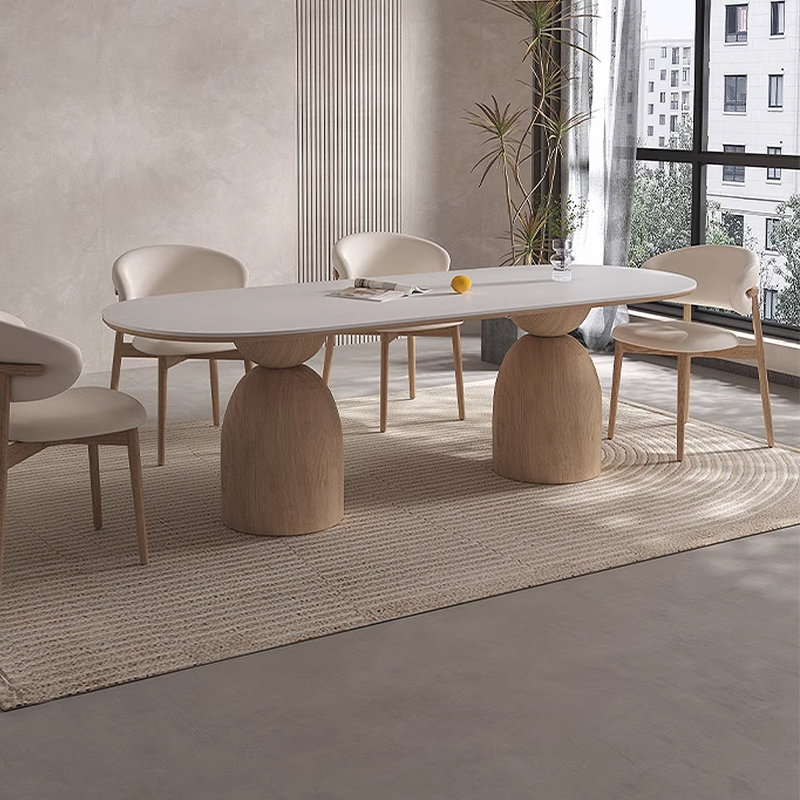 Cream Solid Wood & Stone Slab Oval Dining Table Solid Wood Base Dining Table, 29.53"H x 78.74"L x 37.4"W