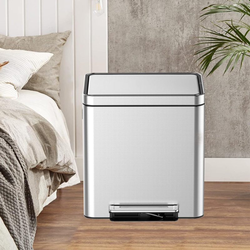 Poubelle à double compartiment avec 2 seaux amovibles, bac de recyclage en acier inoxydable brossé avec couvercle à fermeture en douceur et pédale, poubelle de cuisine rectangulaire pour le tri des déchets