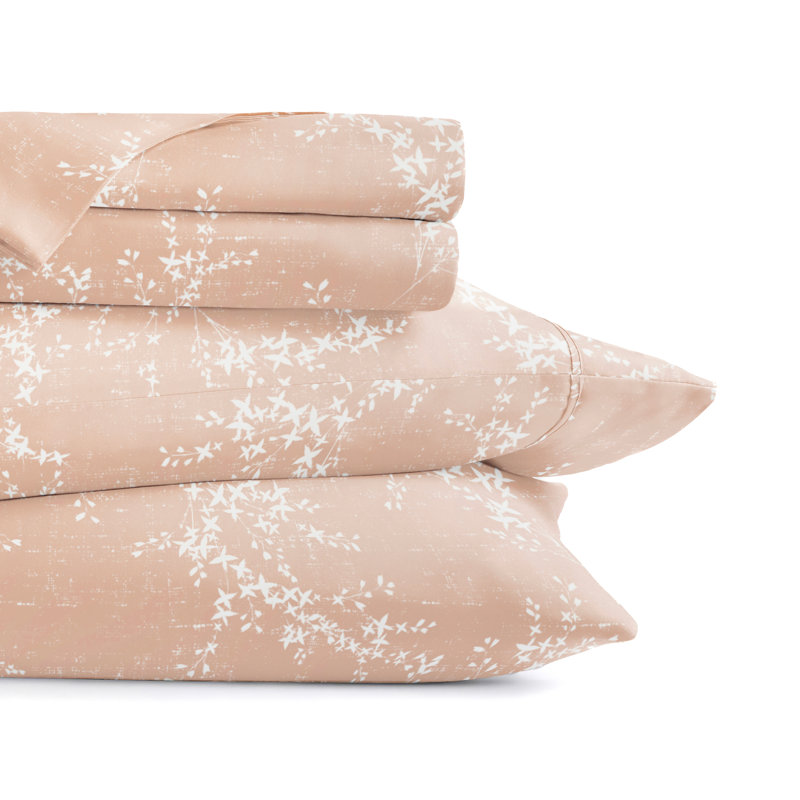 4 Piece Delicate Details Pattern Sheet Set, King Sheet Set with 2 King Pillowcase, Apricot Floral